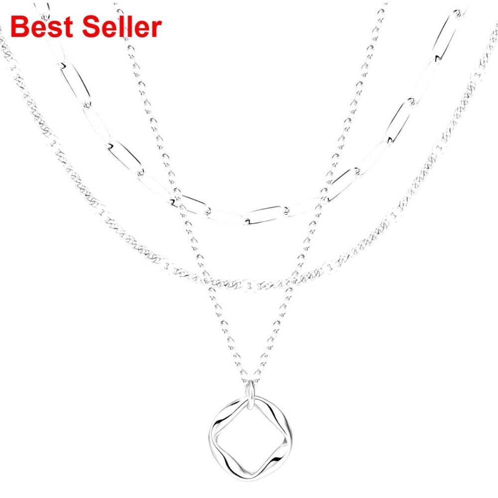 Silver Plated Layered Necklace Set, 3-Piece Stackable Pendant Chains